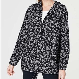 J Jill‎ Fit Size M Black White Floral On the Go Pullover Windbreaker with Hood